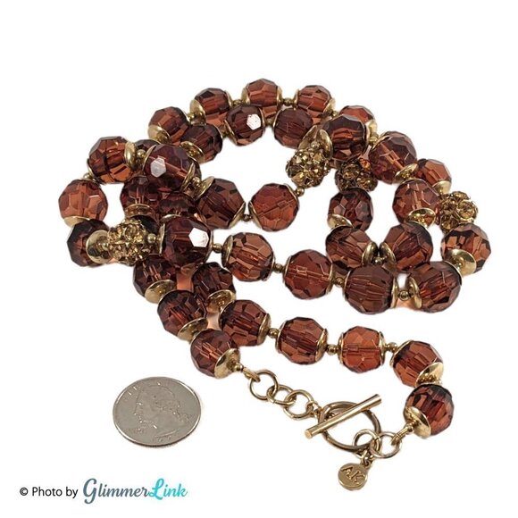 Anne Klein Brown & Gold Tone Cathedral & Rhinestone Beads Necklace - Picture 5 of 8